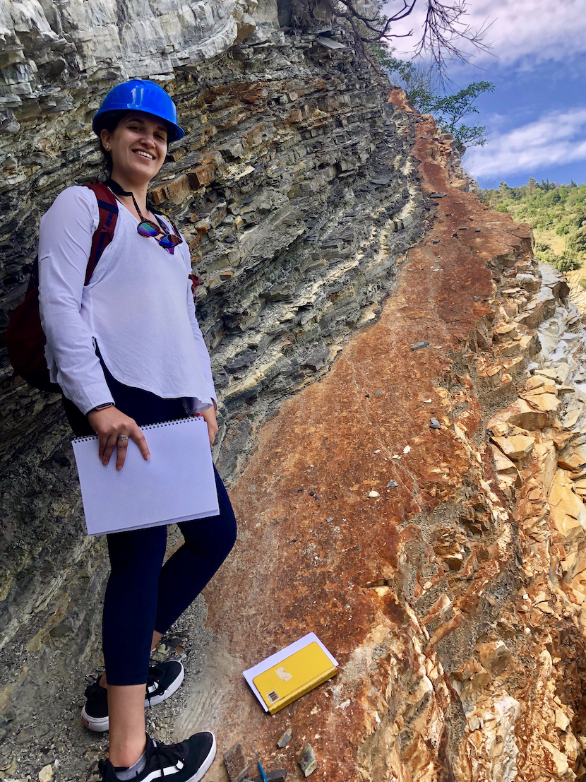 Danielle at the Bonarelli Level (in Furlo, Italy), a famous sedimentary sequence representing Ocean Anoxic Event 2 at the Cenomanian-Turonian boundary ~92 Ma.