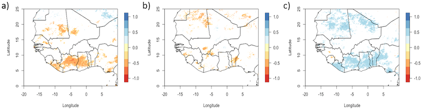 Spatial distribution of correlation coefficients of annual Total Wet Season Precipitation and mean annual remote indices from 1982-2018.