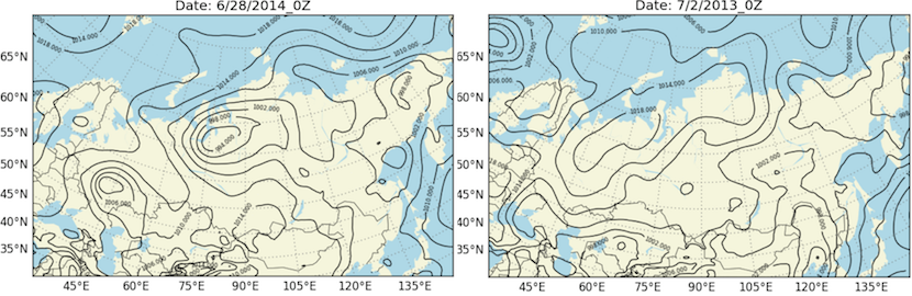 Surface pressure over Eurasia during active (left) and quiescent (right) case runs from GFS analysis.