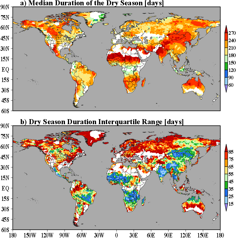 a) Median duration of the dry season [days] and b) Interquartile range of the duration of the dry season [days]