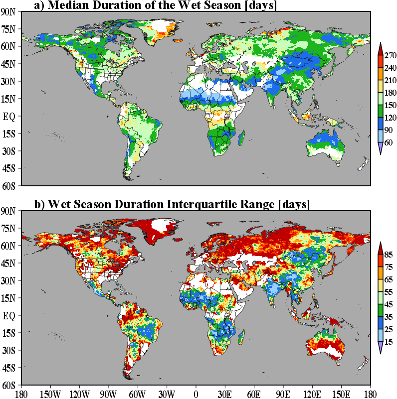 a) Median duration of the rainy season [days] and b) Interquartile range of the duration of the rainy season [days]