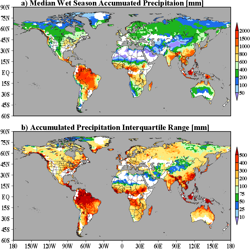 a) Median accumulated precipitation during the rainy season [mm] and b) Interquartile range of the accumulated precipitation during the rainy season [days]